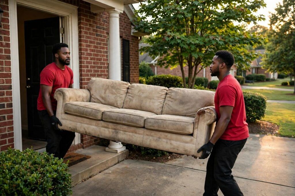 Junk removal crew carrying a couch out of a home in Decatur, Georgia